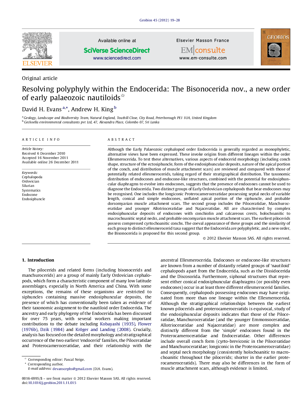 Resolving polyphyly within the Endocerida: The Bisonocerida nov., a new order of early palaeozoic nautiloids