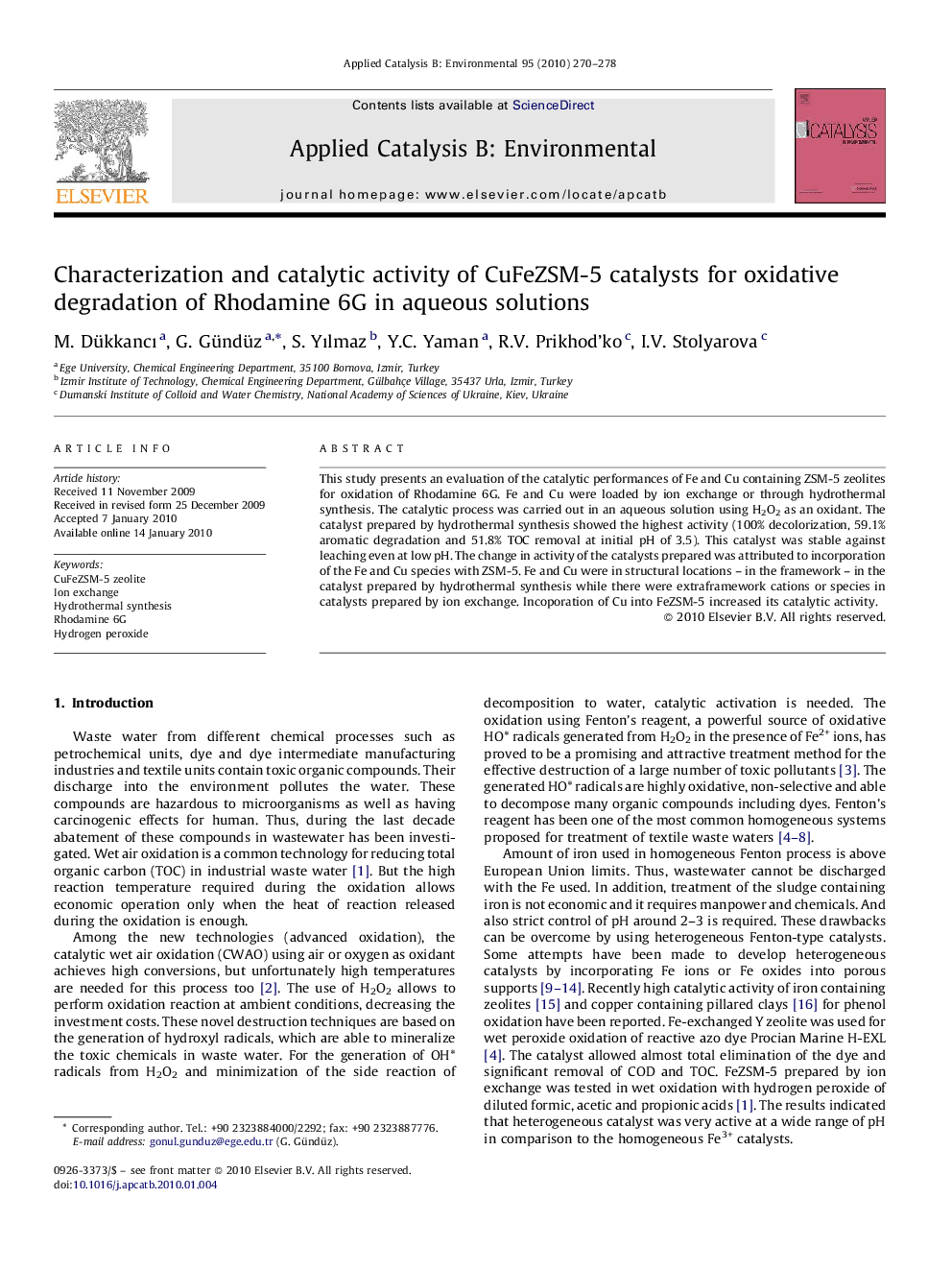 Characterization and catalytic activity of CuFeZSM-5 catalysts for oxidative degradation of Rhodamine 6G in aqueous solutions