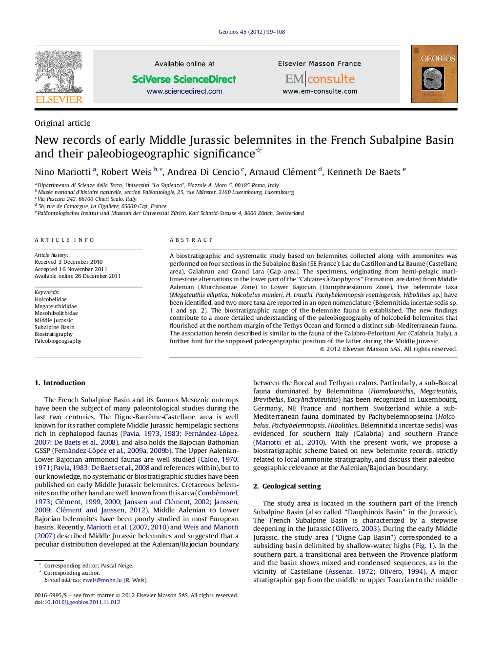 New records of early Middle Jurassic belemnites in the French Subalpine Basin and their paleobiogeographic significance 