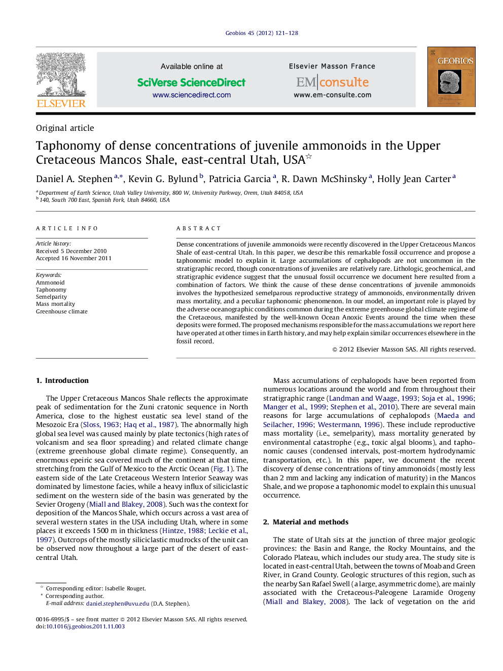 Taphonomy of dense concentrations of juvenile ammonoids in the Upper Cretaceous Mancos Shale, east-central Utah, USA 