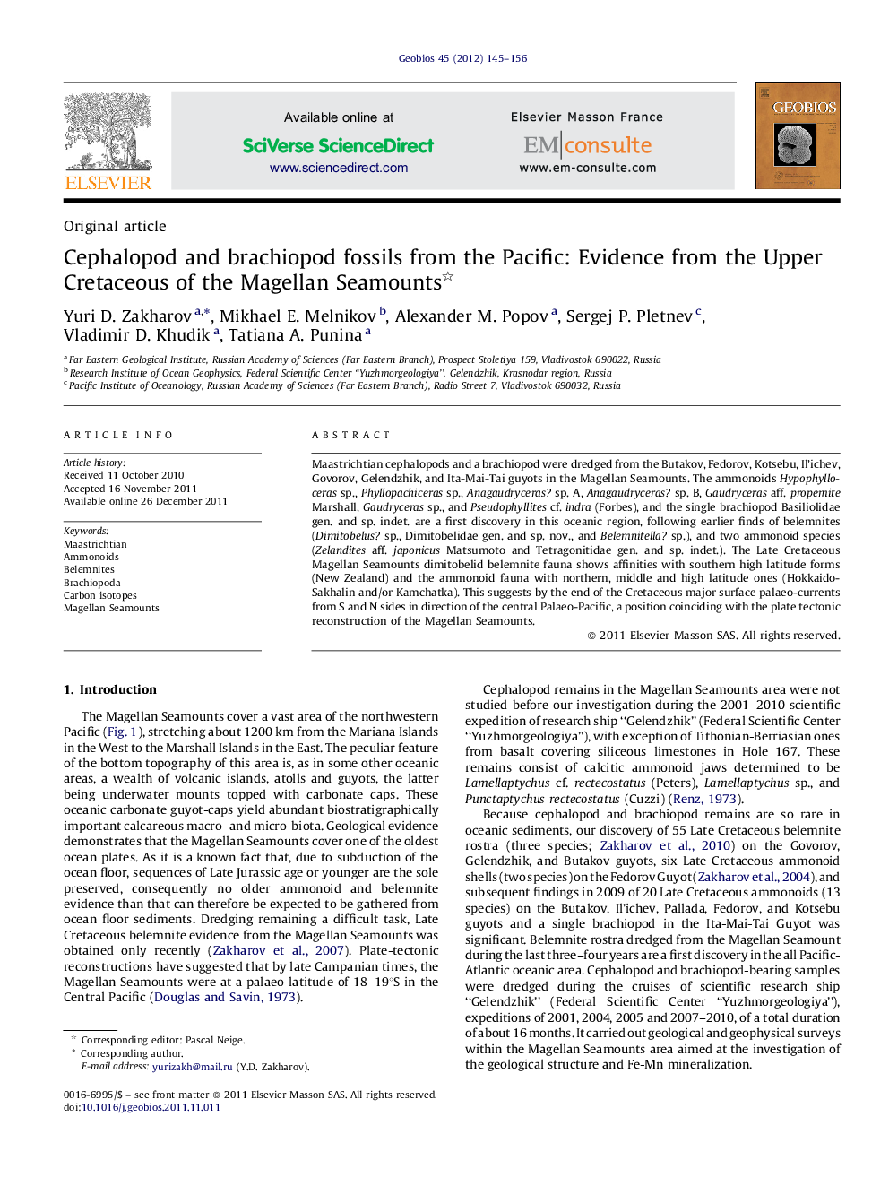 Cephalopod and brachiopod fossils from the Pacific: Evidence from the Upper Cretaceous of the Magellan Seamounts 