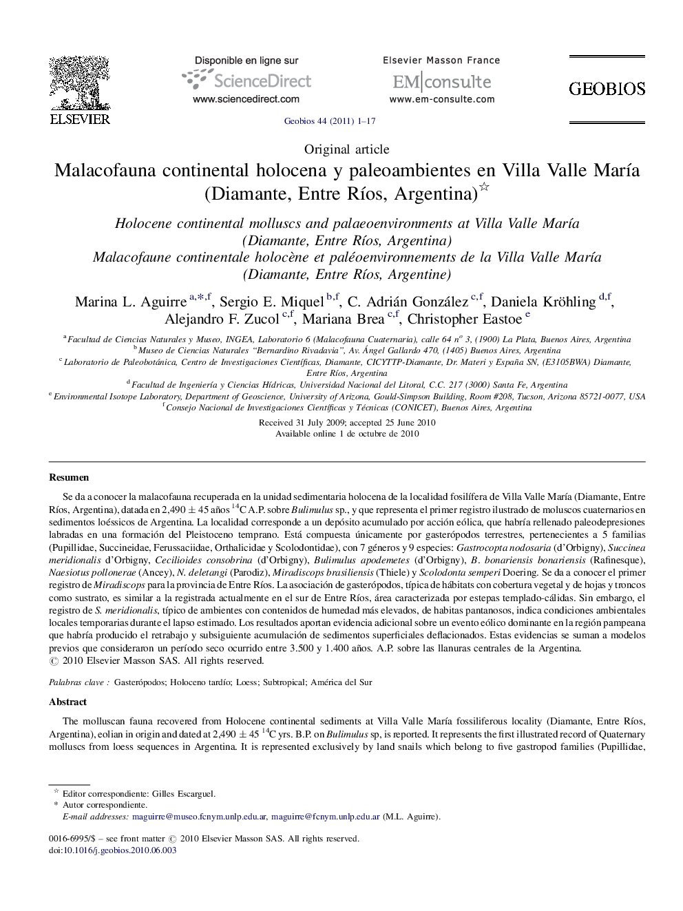 Malacofauna continental holocena y paleoambientes en Villa Valle María (Diamante, Entre Ríos, Argentina) 