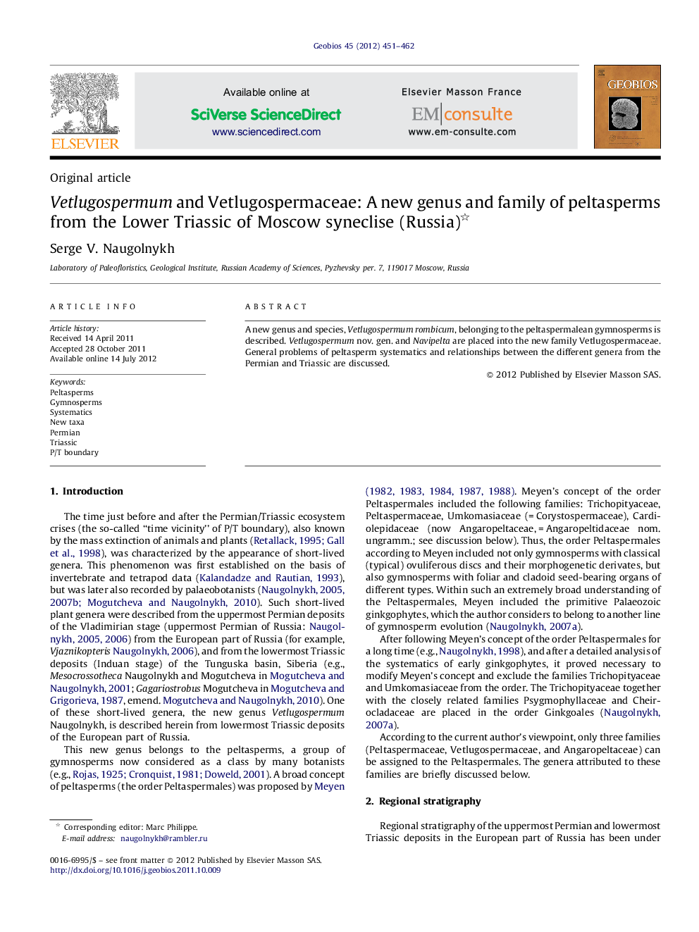 Vetlugospermum and Vetlugospermaceae: A new genus and family of peltasperms from the Lower Triassic of Moscow syneclise (Russia)