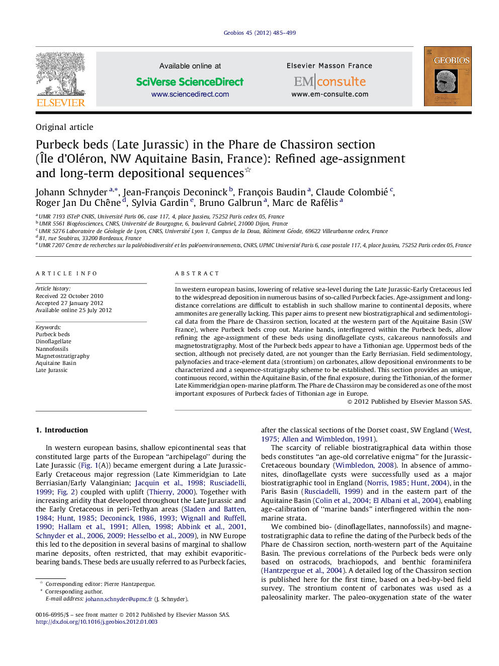 Purbeck beds (Late Jurassic) in the Phare de Chassiron section (Ãle d'Oléron, NW Aquitaine Basin, France): Refined age-assignment and long-term depositional sequences