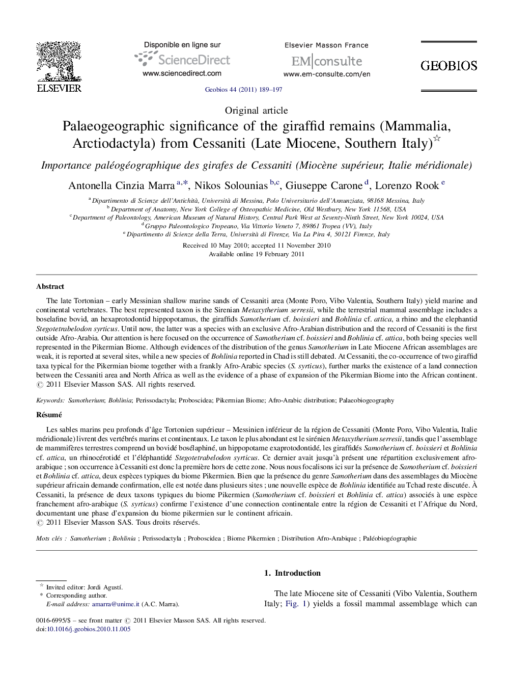 Palaeogeographic significance of the giraffid remains (Mammalia, Arctiodactyla) from Cessaniti (Late Miocene, Southern Italy) 