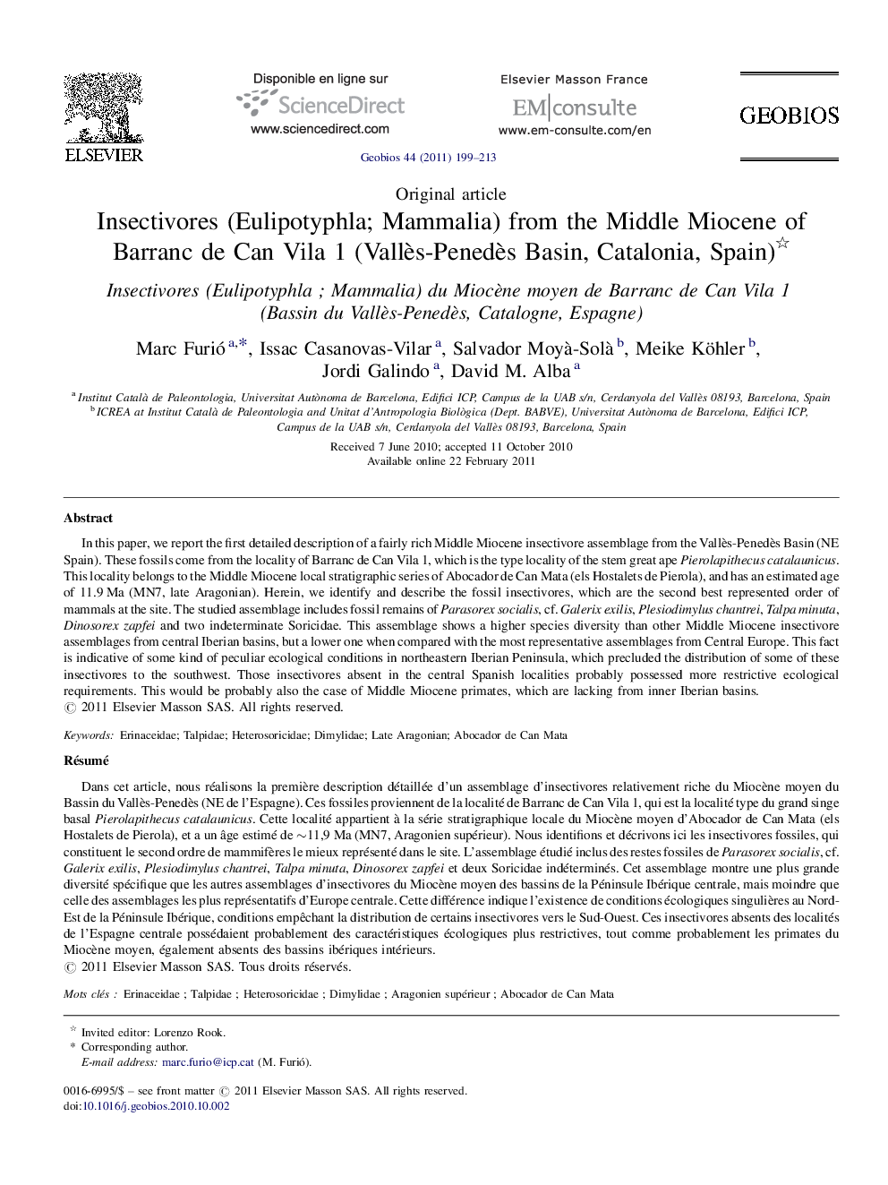 Insectivores (Eulipotyphla; Mammalia) from the Middle Miocene of Barranc de Can Vila 1 (VallÃ¨s-PenedÃ¨s Basin, Catalonia, Spain)