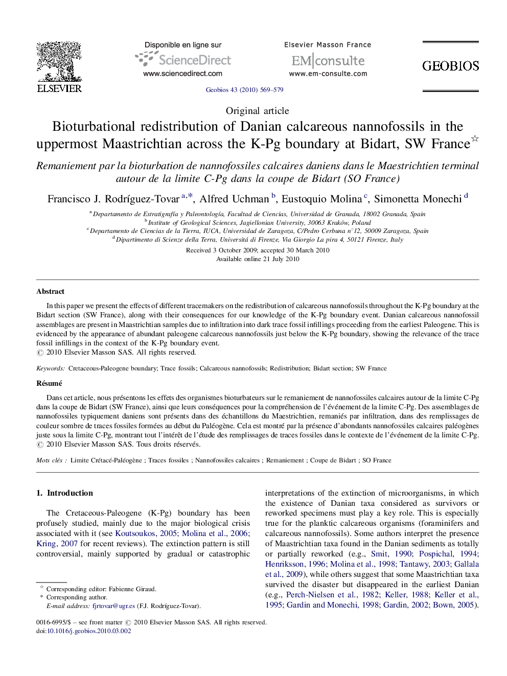 Bioturbational redistribution of Danian calcareous nannofossils in the uppermost Maastrichtian across the K-Pg boundary at Bidart, SW France 