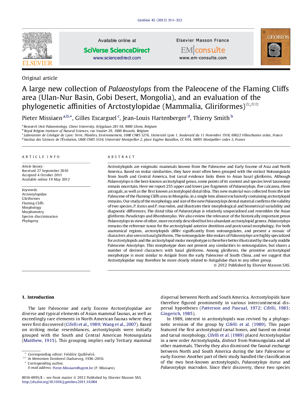 A large new collection of Palaeostylops from the Paleocene of the Flaming Cliffs area (Ulan-Nur Basin, Gobi Desert, Mongolia), and an evaluation of the phylogenetic affinities of Arctostylopidae (Mammalia, Gliriformes) 