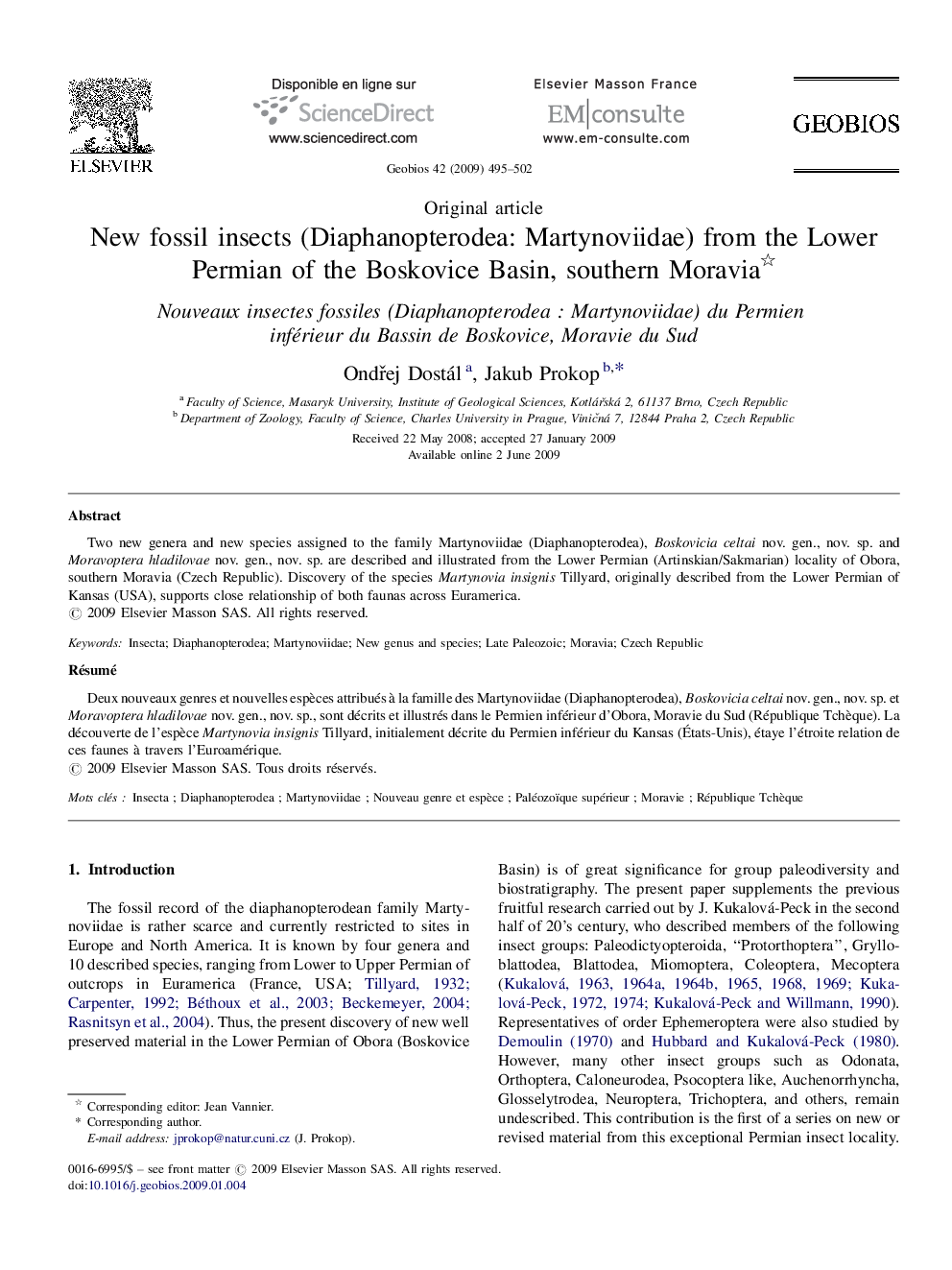 New fossil insects (Diaphanopterodea: Martynoviidae) from the Lower Permian of the Boskovice Basin, southern Moravia 