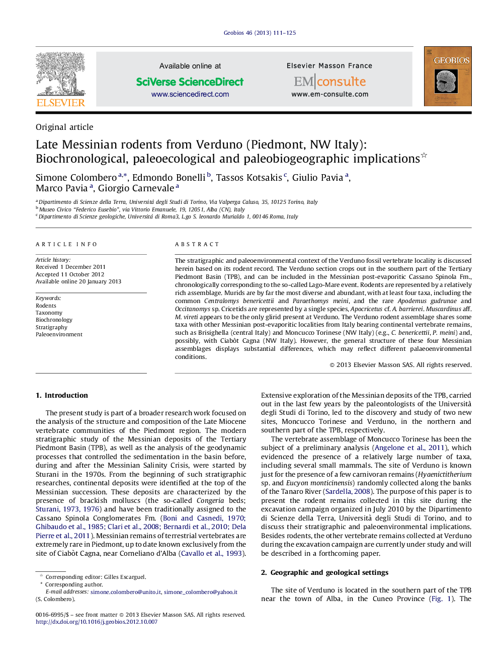 Late Messinian rodents from Verduno (Piedmont, NW Italy): Biochronological, paleoecological and paleobiogeographic implications