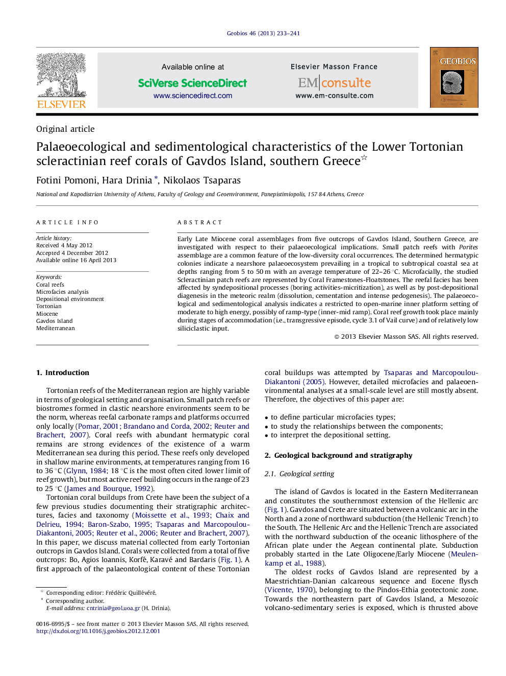 Palaeoecological and sedimentological characteristics of the Lower Tortonian scleractinian reef corals of Gavdos Island, southern Greece 