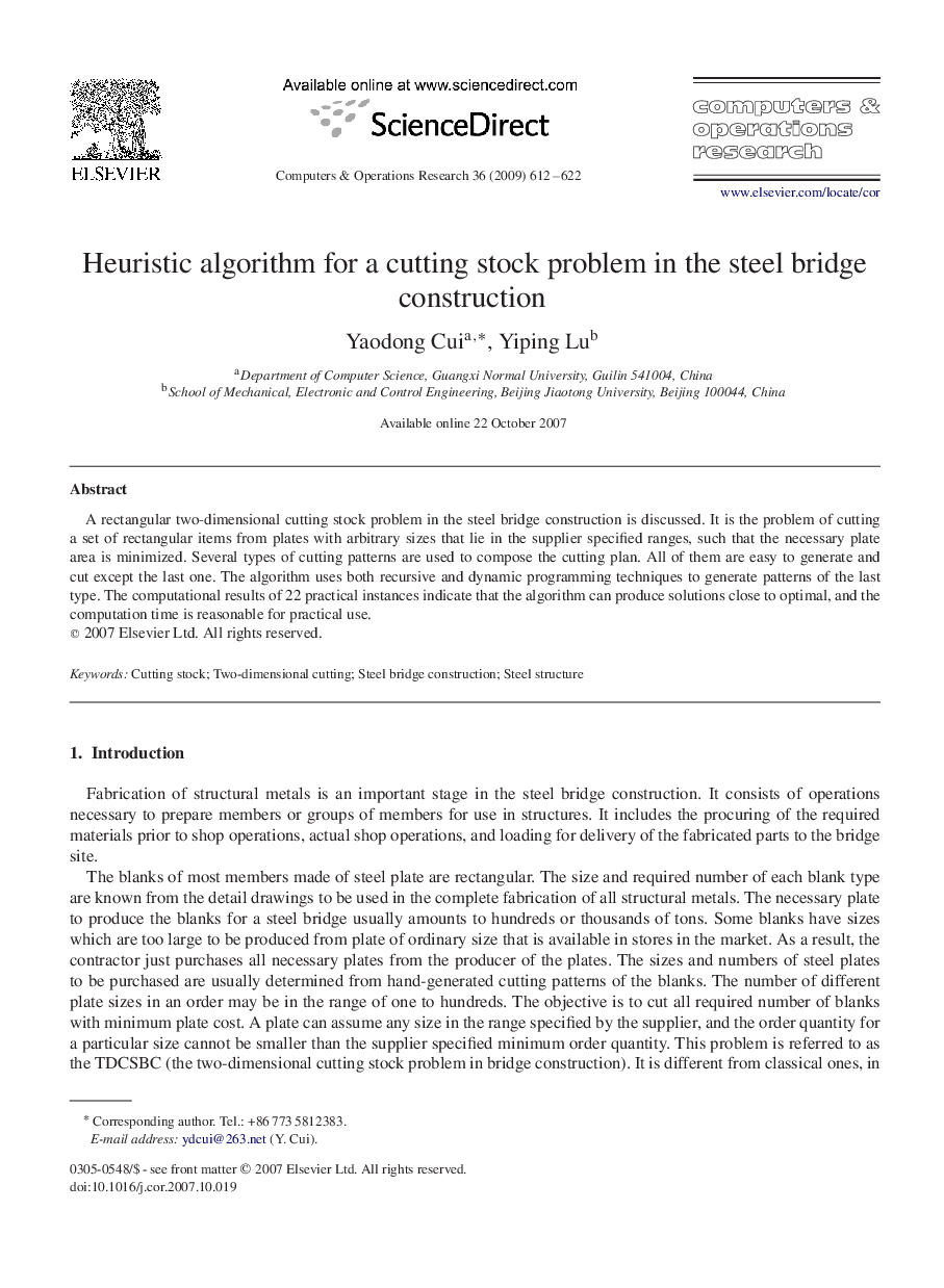 Heuristic algorithm for a cutting stock problem in the steel bridge construction