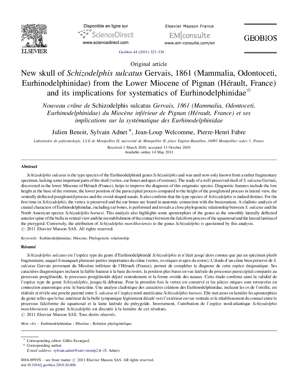 New skull of Schizodelphis sulcatus Gervais, 1861 (Mammalia, Odontoceti, Eurhinodelphinidae) from the Lower Miocene of Pignan (Hérault, France) and its implications for systematics of Eurhinodelphinidae 