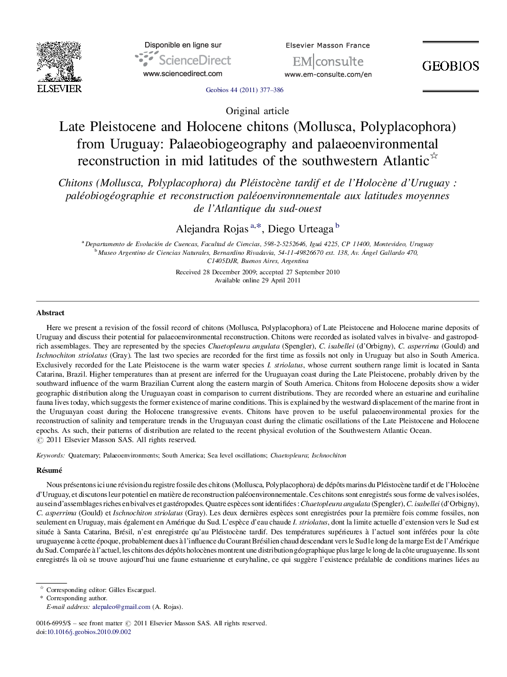 Late Pleistocene and Holocene chitons (Mollusca, Polyplacophora) from Uruguay: Palaeobiogeography and palaeoenvironmental reconstruction in mid latitudes of the southwestern Atlantic 