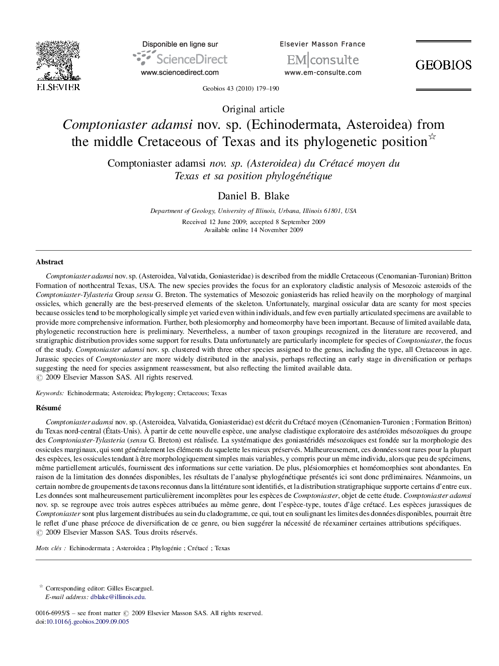 Comptoniaster adamsi nov. sp. (Echinodermata, Asteroidea) from the middle Cretaceous of Texas and its phylogenetic position 