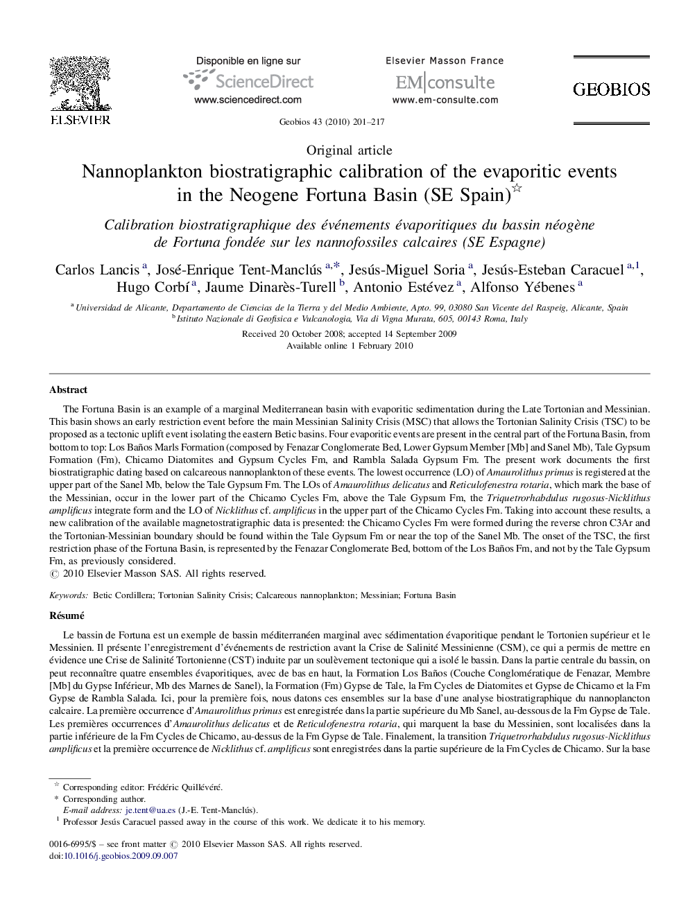 Nannoplankton biostratigraphic calibration of the evaporitic events in the Neogene Fortuna Basin (SE Spain) 