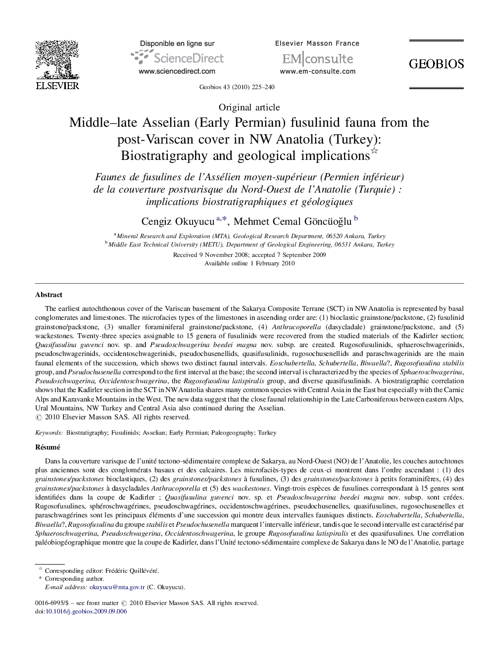 Middle–late Asselian (Early Permian) fusulinid fauna from the post-Variscan cover in NW Anatolia (Turkey): Biostratigraphy and geological implications 