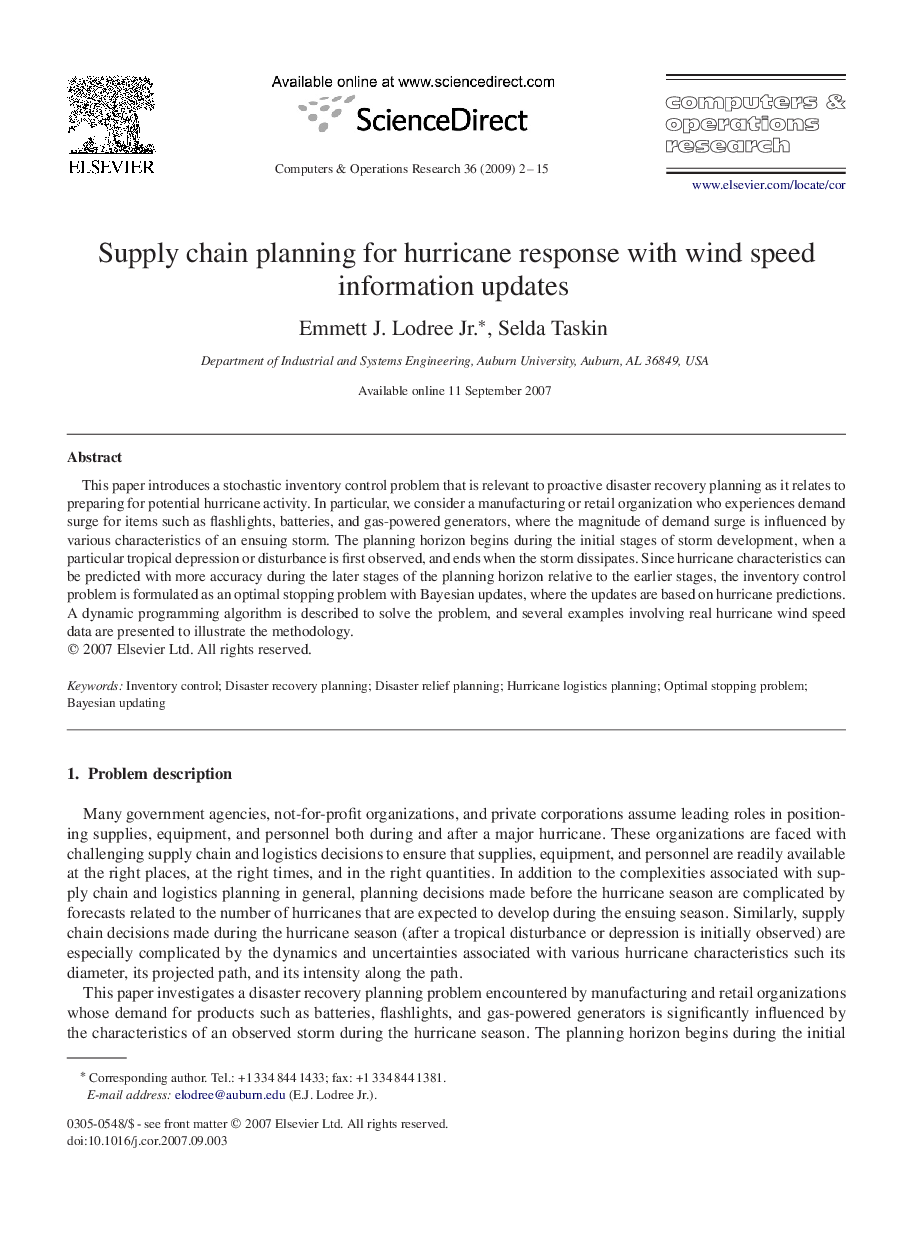 Supply chain planning for hurricane response with wind speed information updates