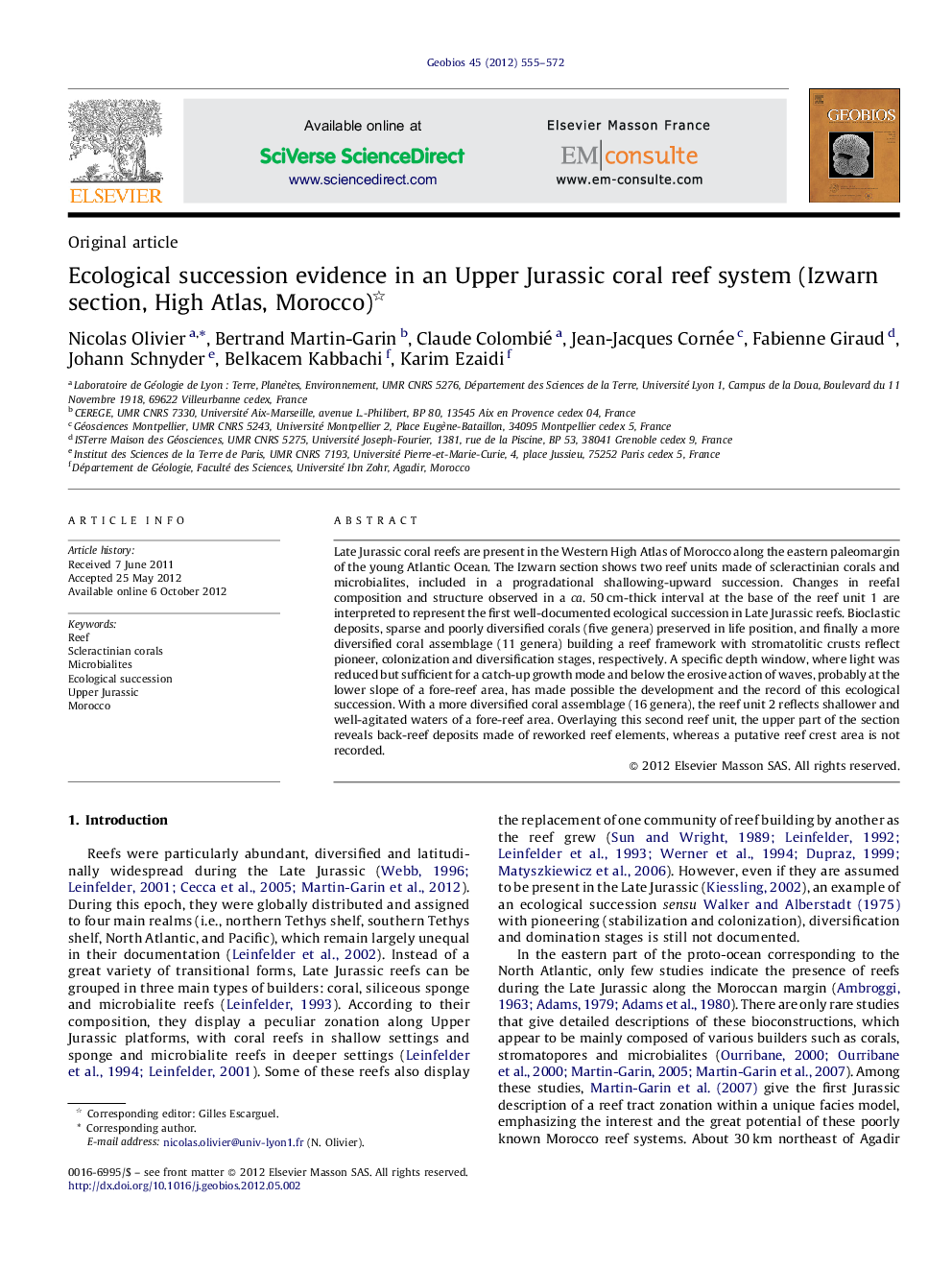 Ecological succession evidence in an Upper Jurassic coral reef system (Izwarn section, High Atlas, Morocco) 