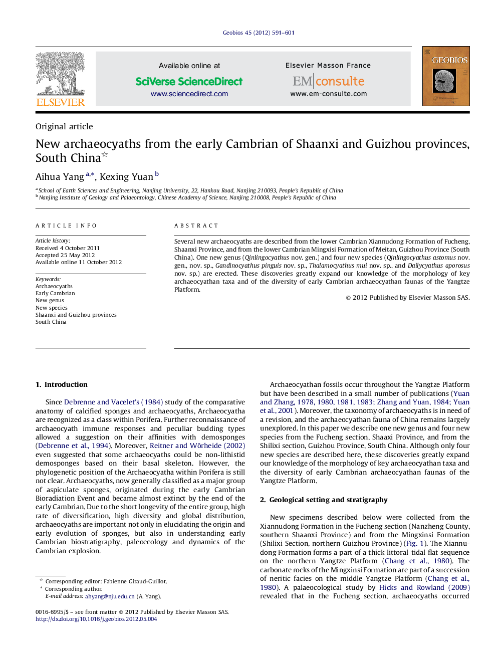 New archaeocyaths from the early Cambrian of Shaanxi and Guizhou provinces, South China 