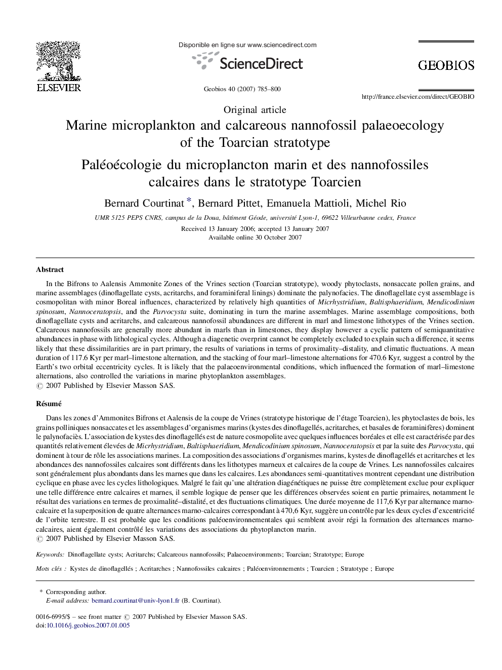 Marine microplankton and calcareous nannofossil palaeoecology of the Toarcian stratotype