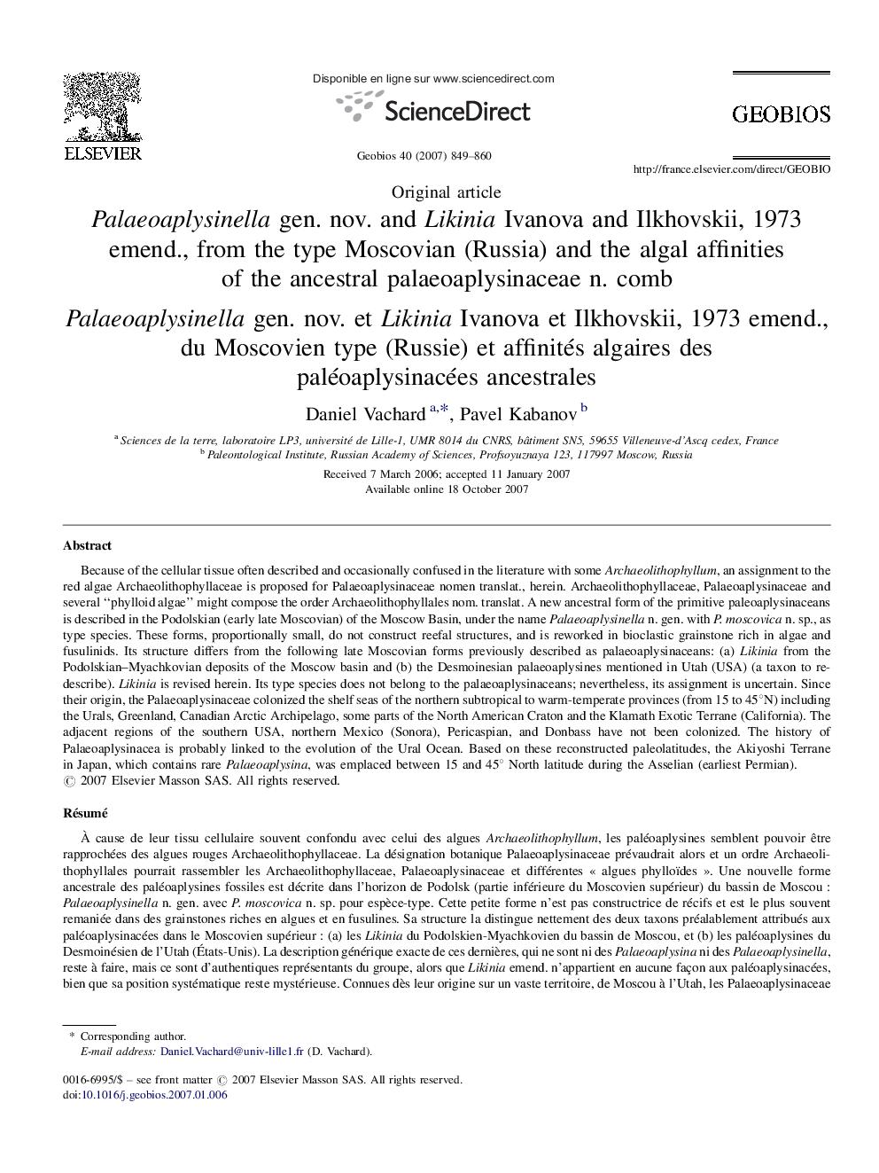 Palaeoaplysinella gen. nov. and Likinia Ivanova and Ilkhovskii, 1973 emend., from the type Moscovian (Russia) and the algal affinities of the ancestral palaeoaplysinaceae n. comb