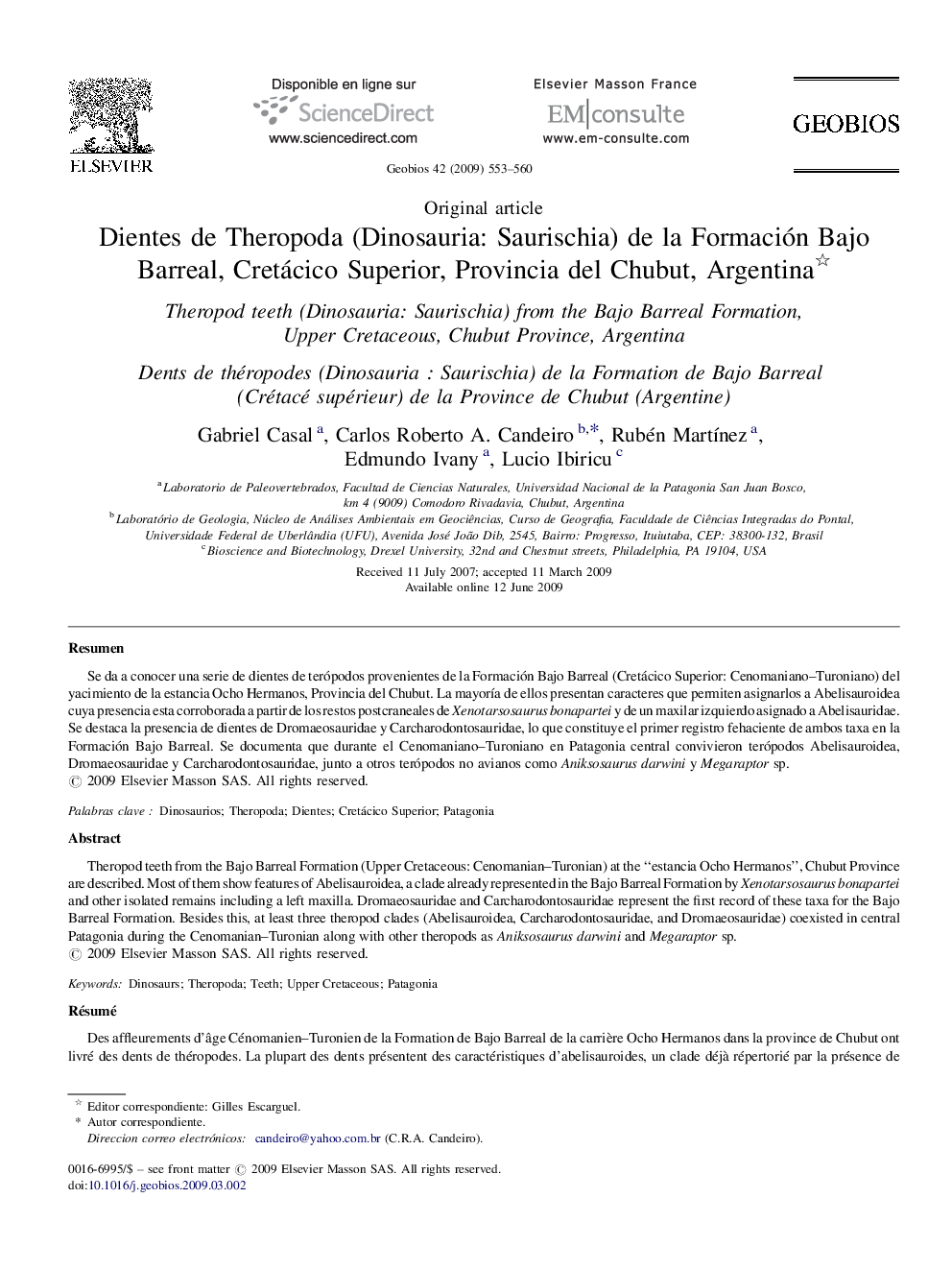 Dientes de Theropoda (Dinosauria: Saurischia) de la Formación Bajo Barreal, Cretácico Superior, Provincia del Chubut, Argentina 