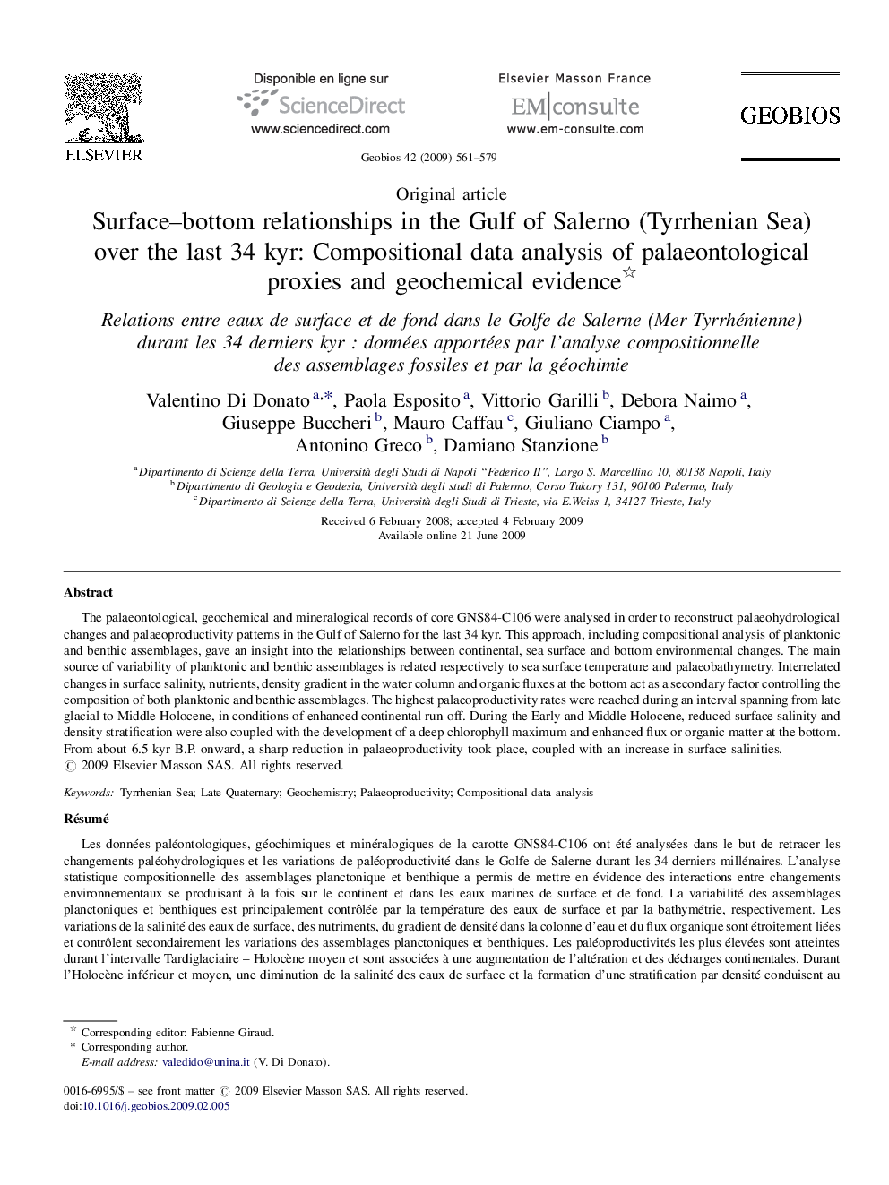 Surface–bottom relationships in the Gulf of Salerno (Tyrrhenian Sea) over the last 34 kyr: Compositional data analysis of palaeontological proxies and geochemical evidence 