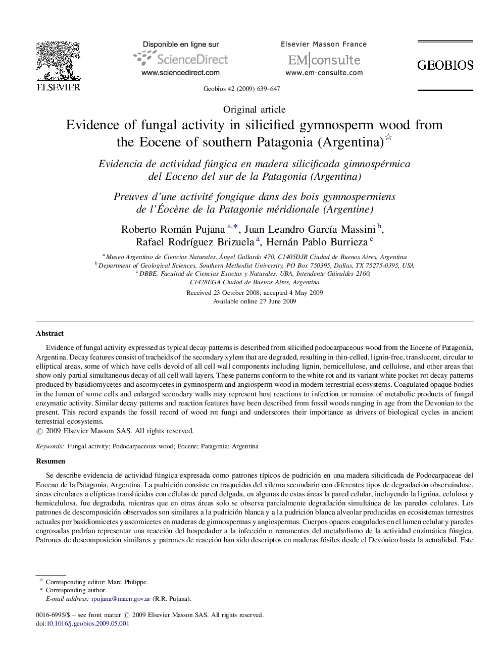 Evidence of fungal activity in silicified gymnosperm wood from the Eocene of southern Patagonia (Argentina) 