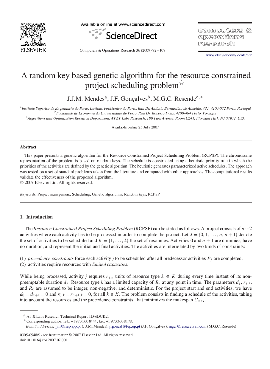 A random key based genetic algorithm for the resource constrained project scheduling problem 