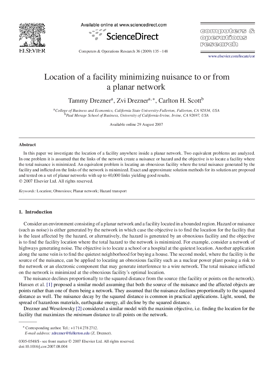 Location of a facility minimizing nuisance to or from a planar network