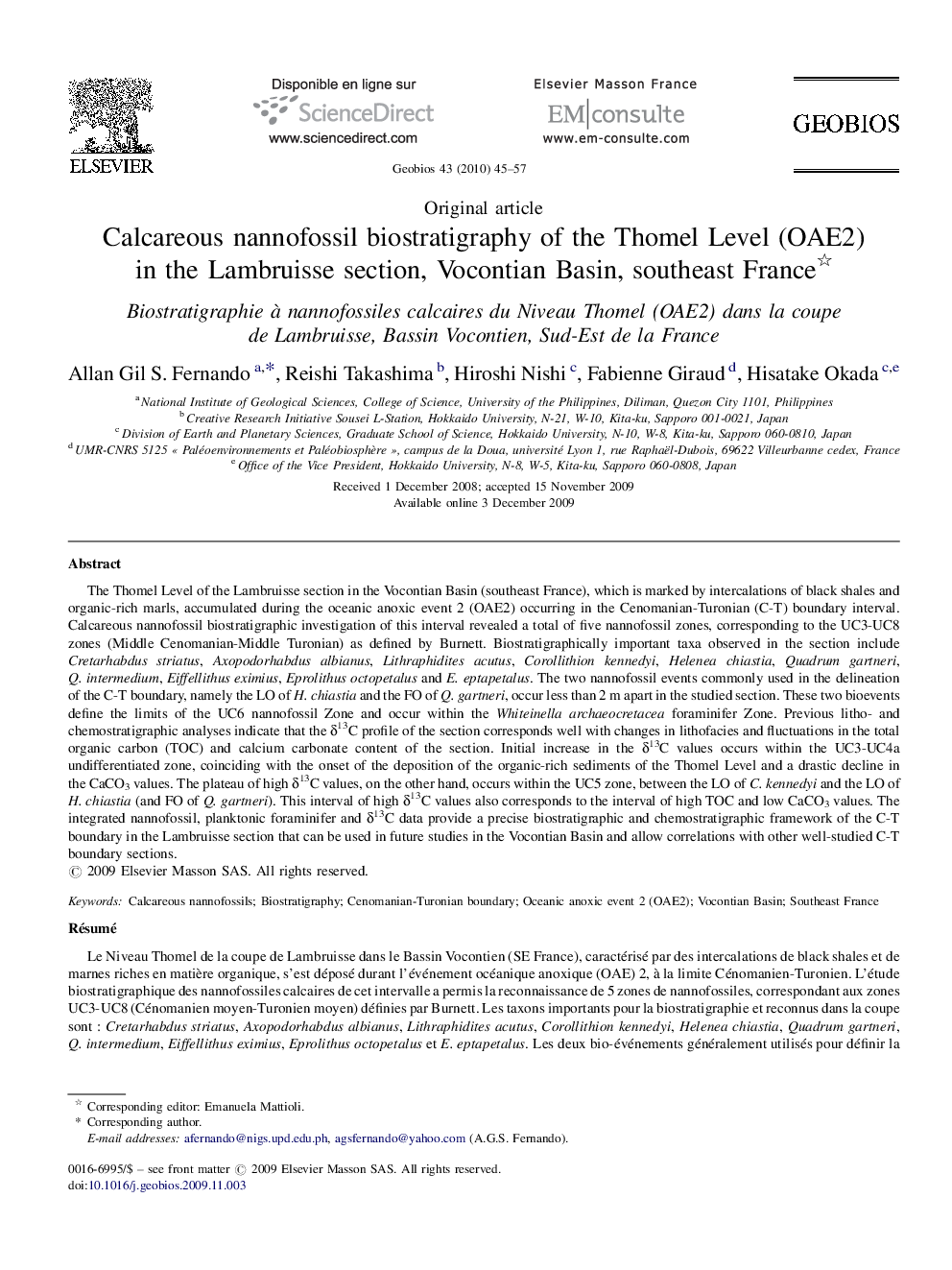 Calcareous nannofossil biostratigraphy of the Thomel Level (OAE2) in the Lambruisse section, Vocontian Basin, southeast France