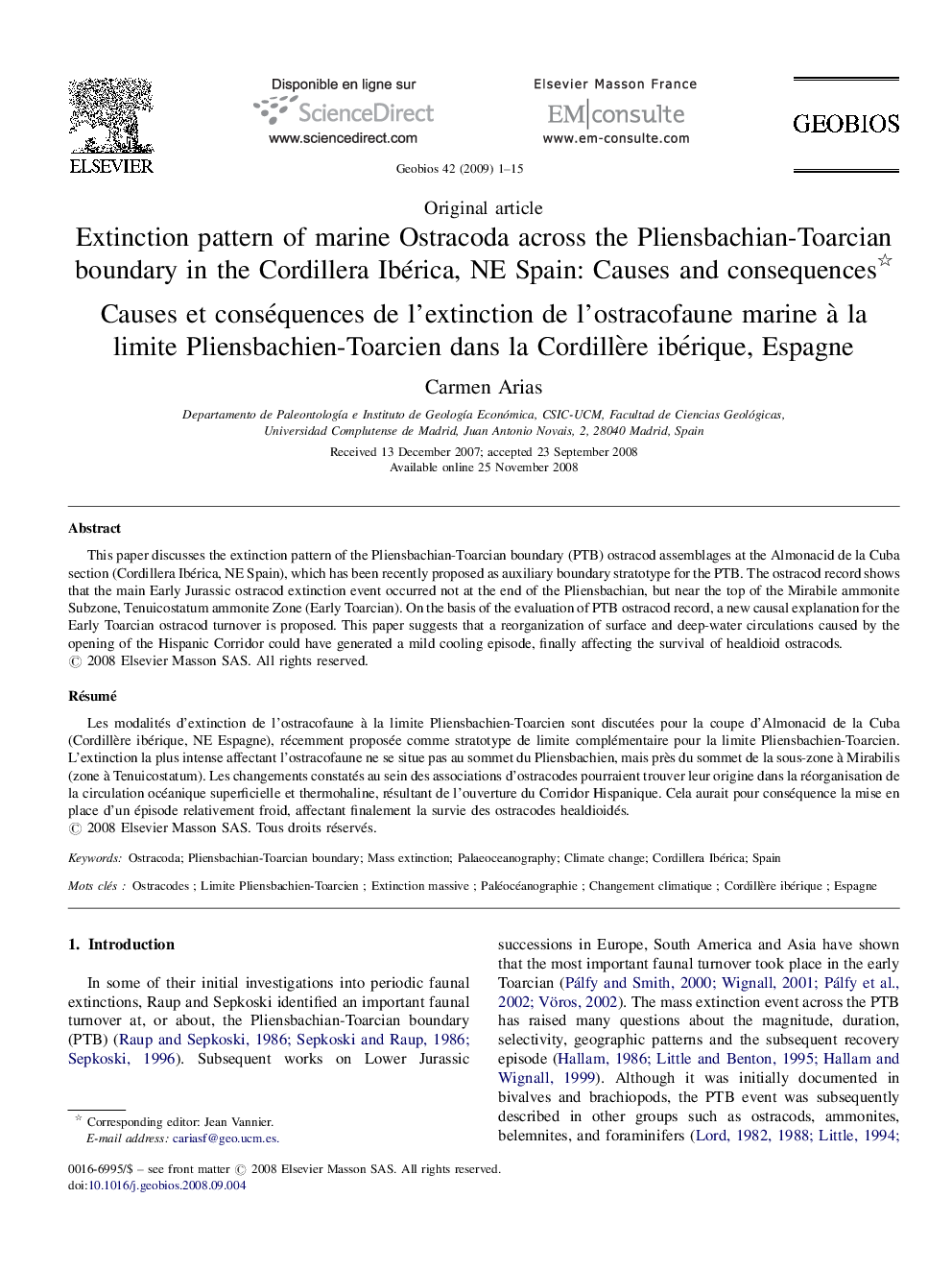 Extinction pattern of marine Ostracoda across the Pliensbachian-Toarcian boundary in the Cordillera Ibérica, NE Spain: Causes and consequences 