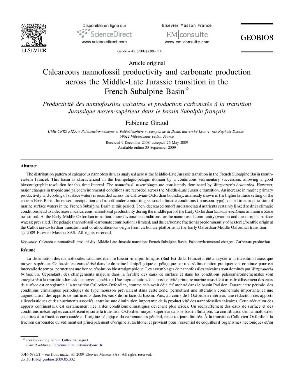 Calcareous nannofossil productivity and carbonate production across the Middle-Late Jurassic transition in the French Subalpine Basin