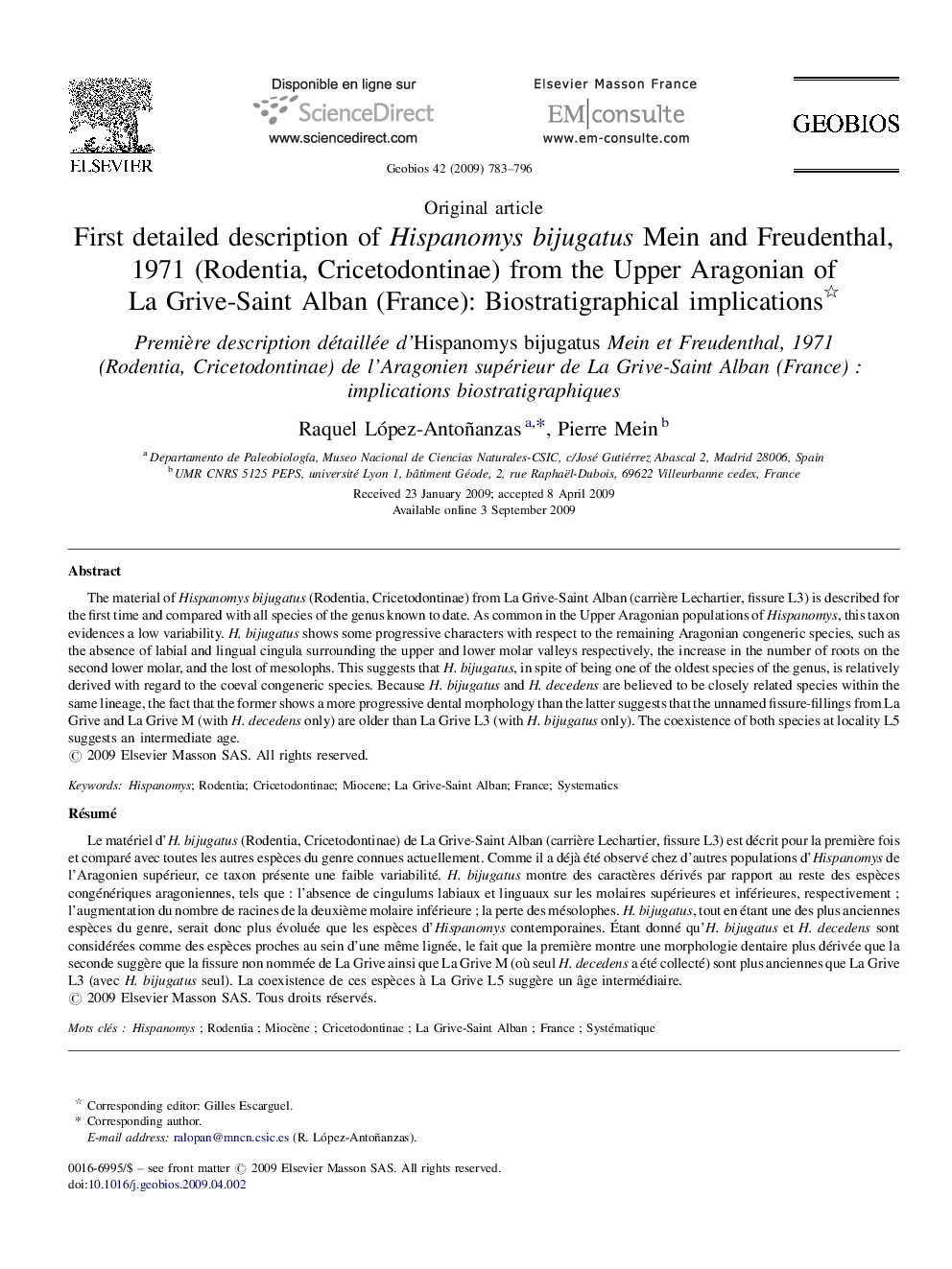 First detailed description of Hispanomys bijugatus Mein and Freudenthal, 1971 (Rodentia, Cricetodontinae) from the Upper Aragonian of La Grive-Saint Alban (France): Biostratigraphical implications