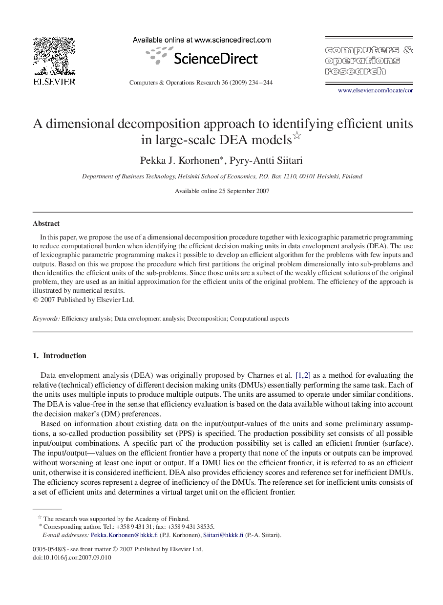 A dimensional decomposition approach to identifying efficient units in large-scale DEA models 