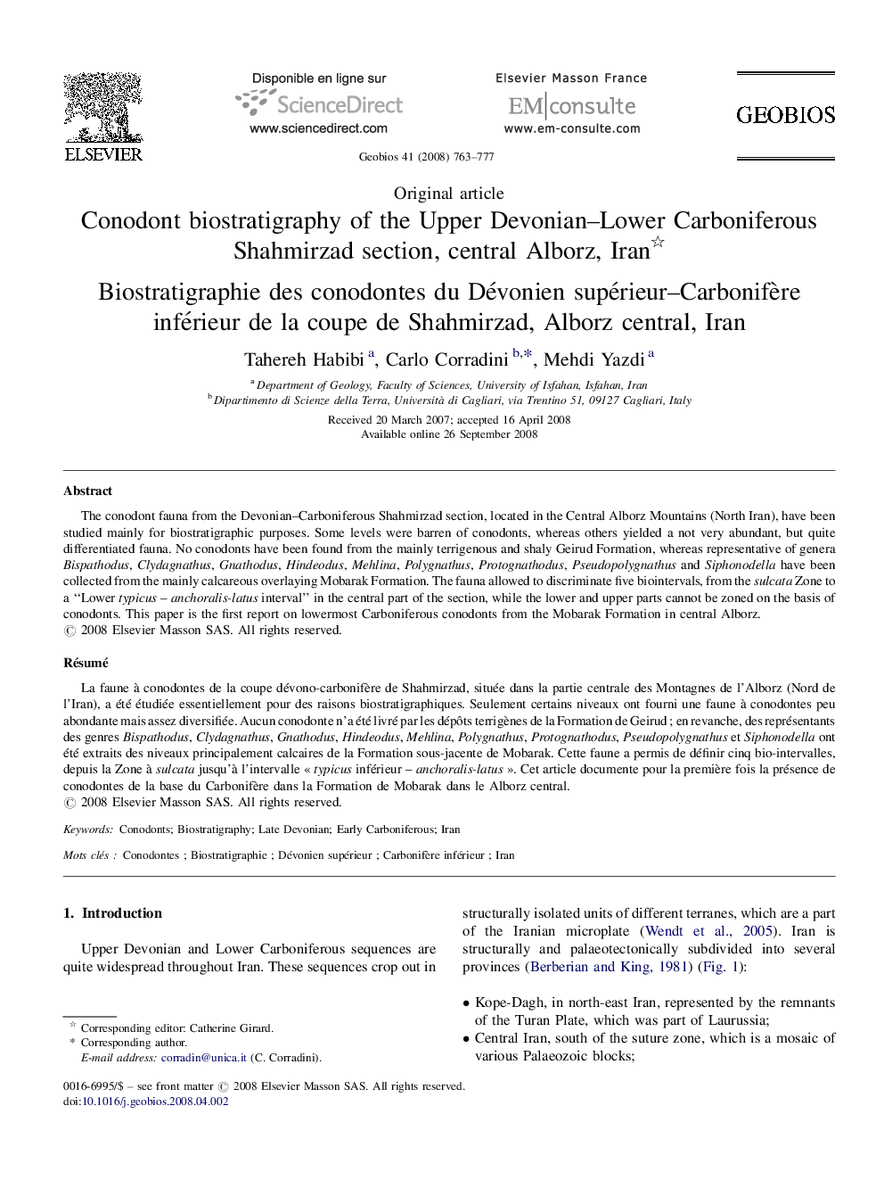 Conodont biostratigraphy of the Upper Devonian–Lower Carboniferous Shahmirzad section, central Alborz, Iran 