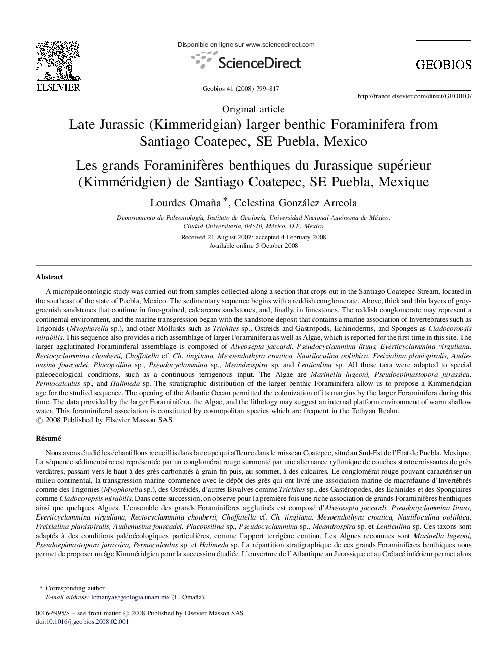 Late Jurassic (Kimmeridgian) larger benthic Foraminifera from Santiago Coatepec, SE Puebla, Mexico