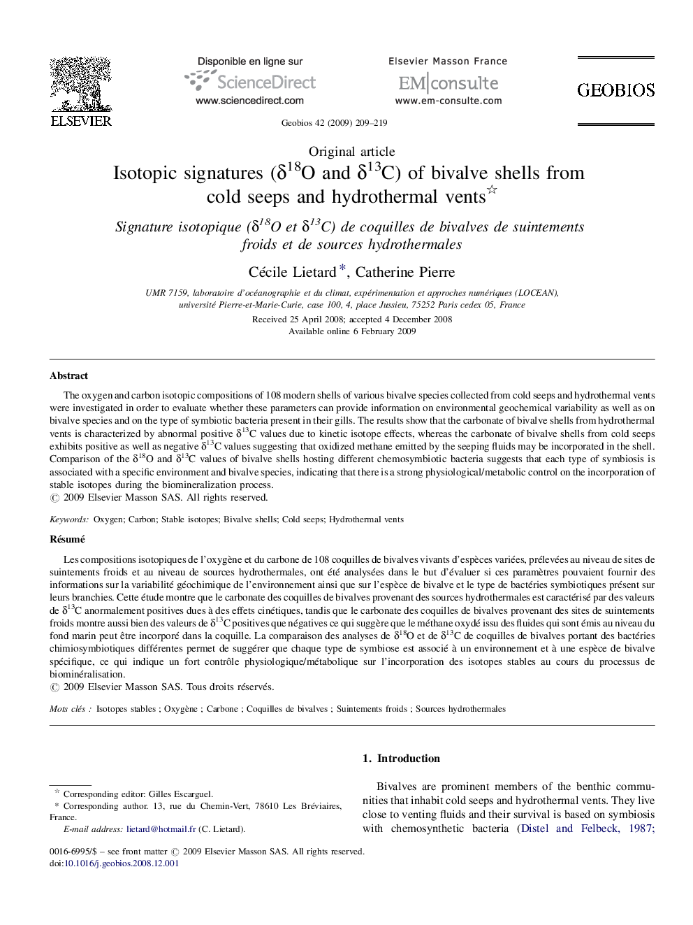 Isotopic signatures (δ18O and δ13C) of bivalve shells from cold seeps and hydrothermal vents 