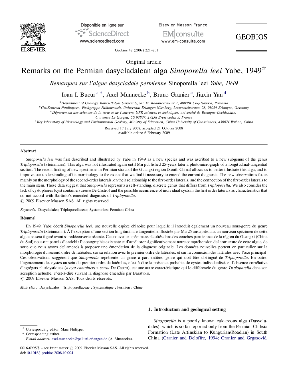 Remarks on the Permian dasycladalean alga Sinoporella leei Yabe, 1949