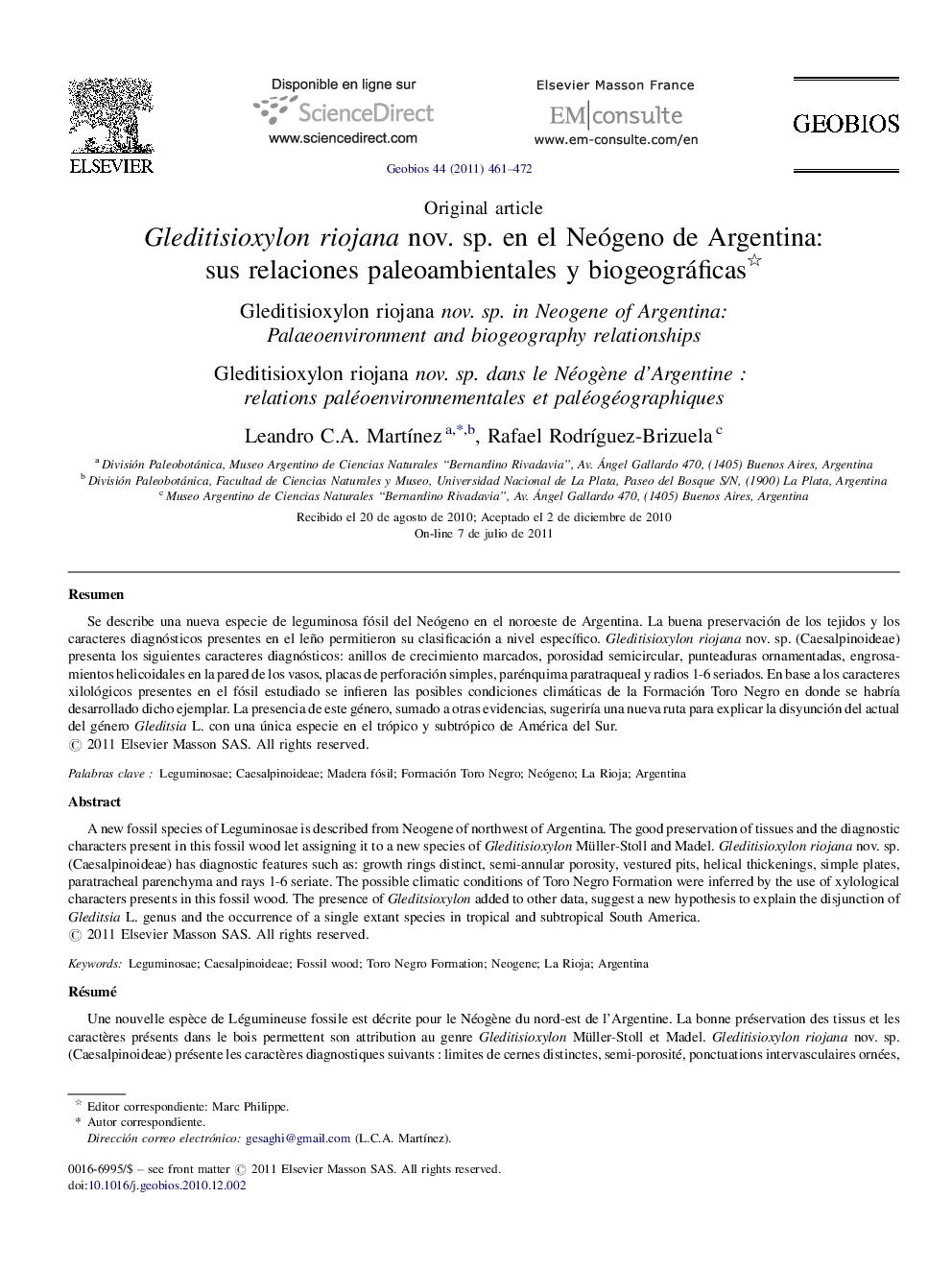 Gleditisioxylon riojana nov. sp. en el Neógeno de Argentina: sus relaciones paleoambientales y biogeográficas 