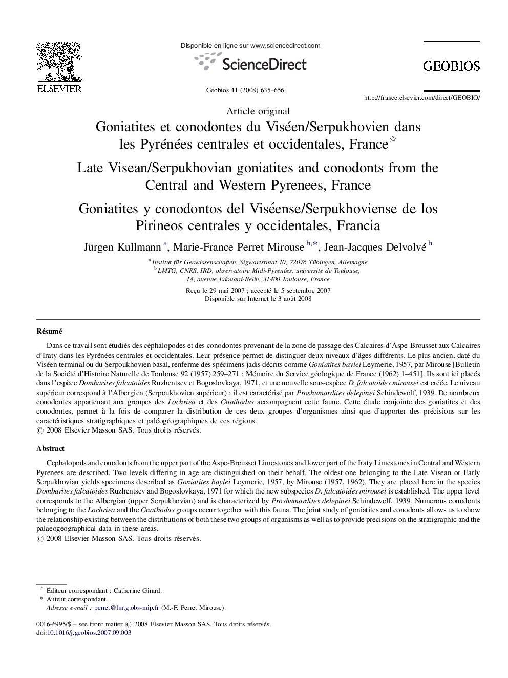 Goniatites et conodontes du Viséen/Serpukhovien dans les Pyrénées centrales et occidentales, France