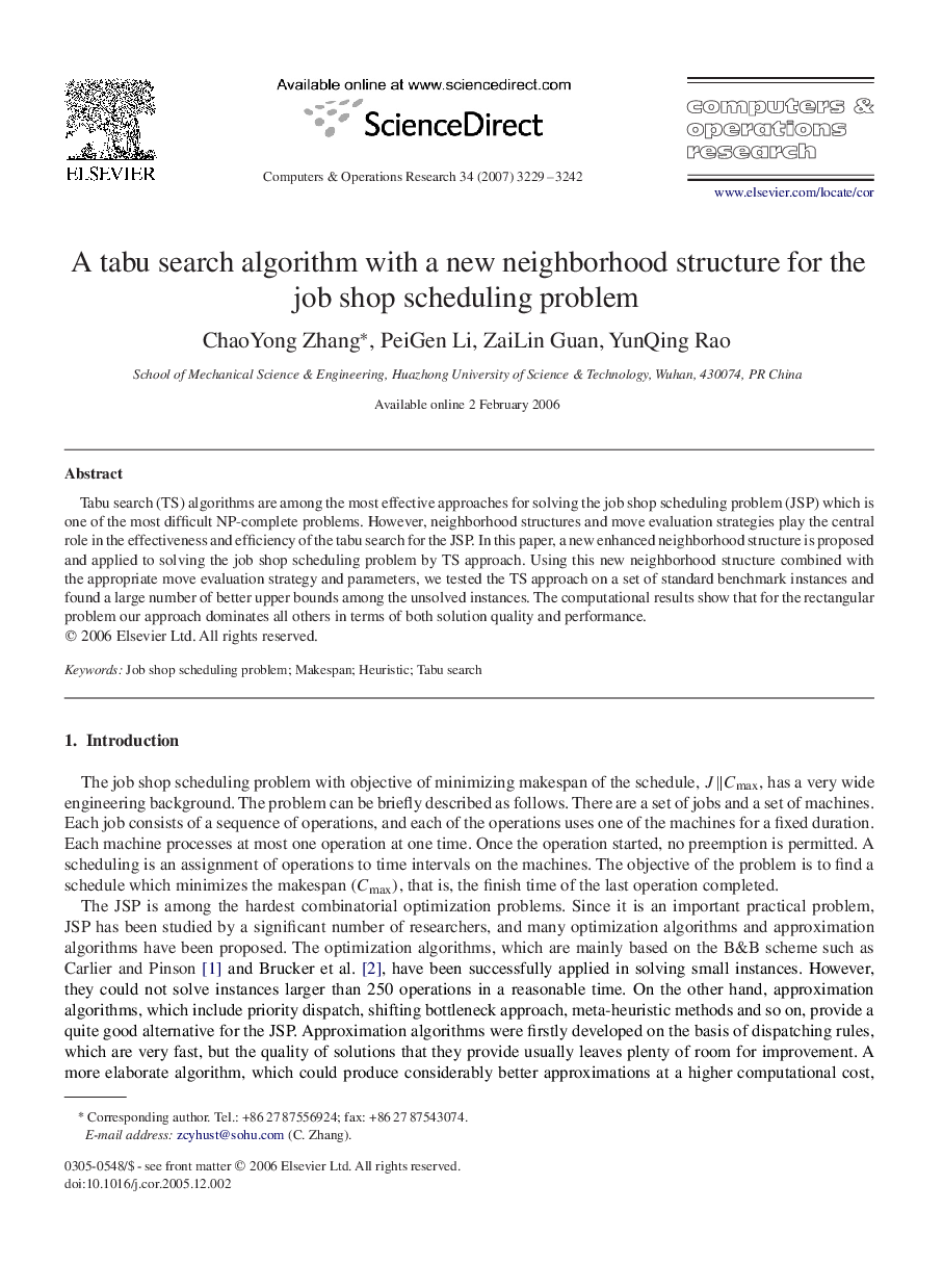 A tabu search algorithm with a new neighborhood structure for the job shop scheduling problem