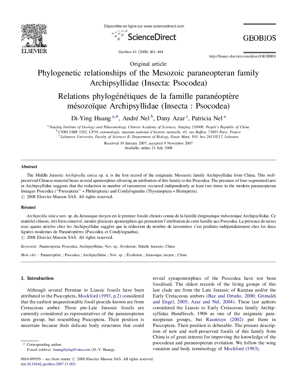 Phylogenetic relationships of the Mesozoic paraneopteran family Archipsyllidae (Insecta: Psocodea)