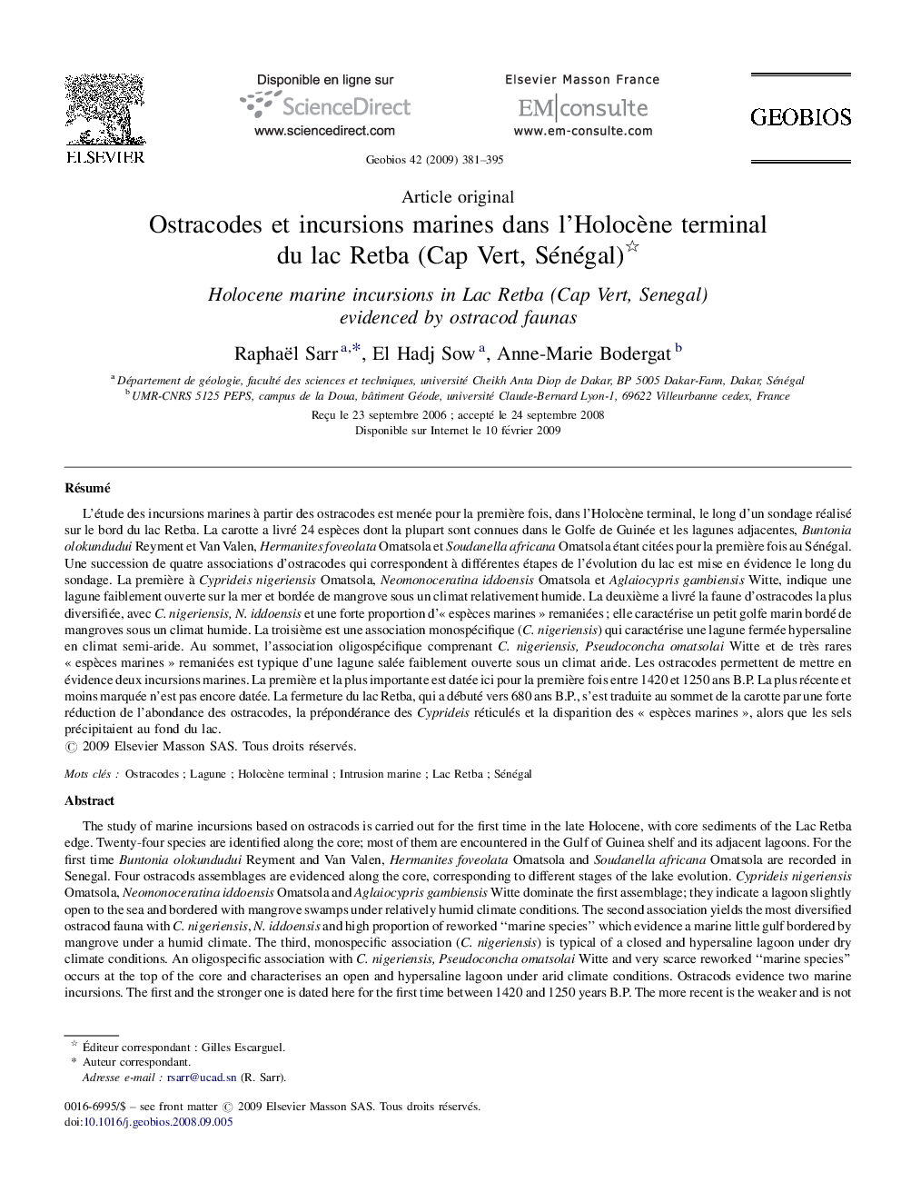 Ostracodes et incursions marines dans l’Holocène terminal du lac Retba (Cap Vert, Sénégal) 