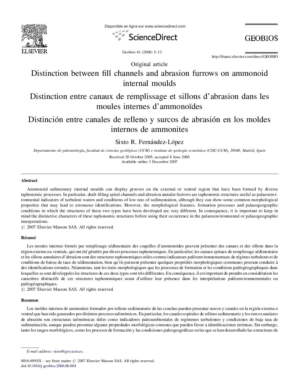 Distinction between fill channels and abrasion furrows on ammonoid internal moulds