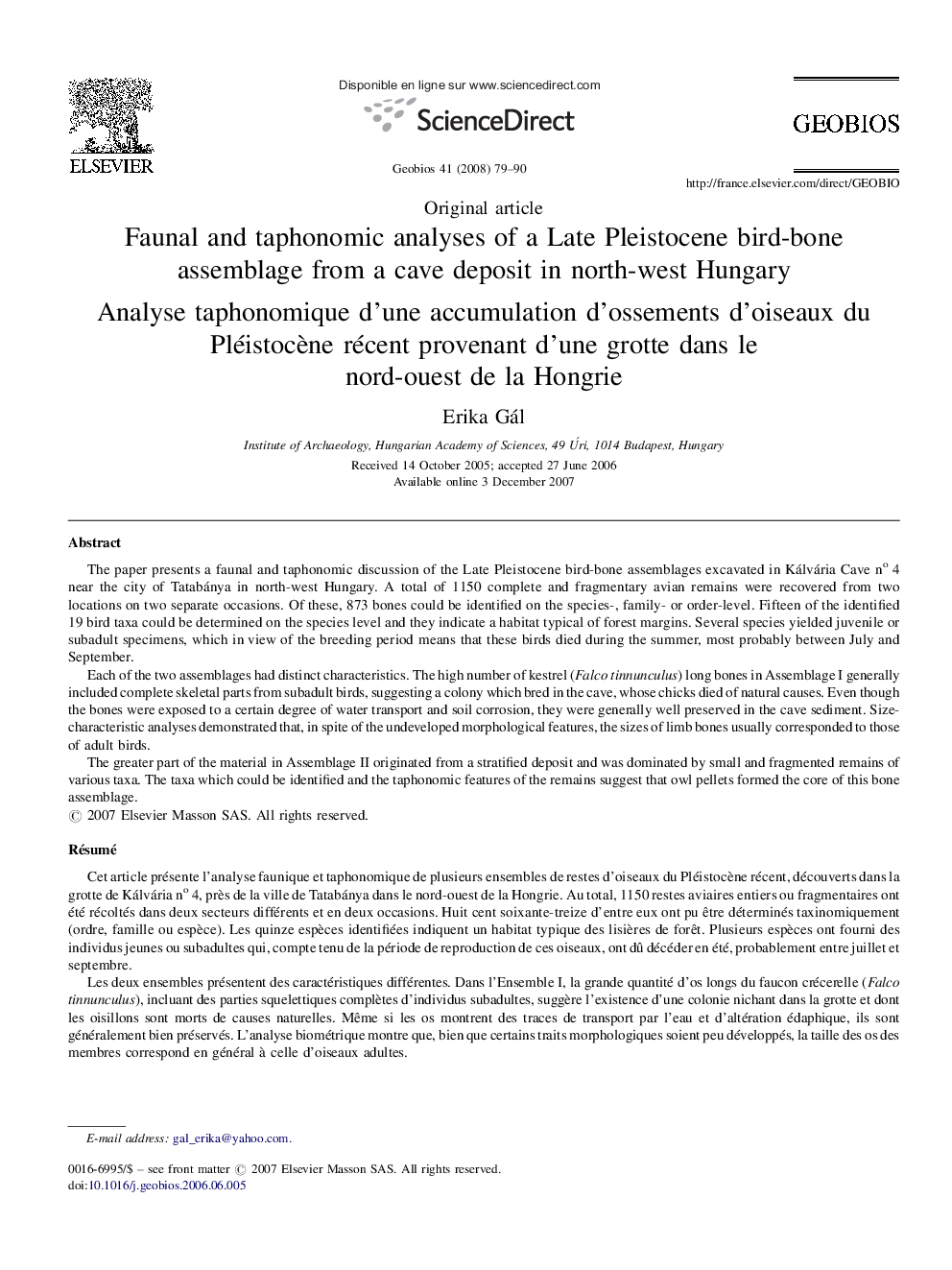 Faunal and taphonomic analyses of a Late Pleistocene bird-bone assemblage from a cave deposit in north-west Hungary