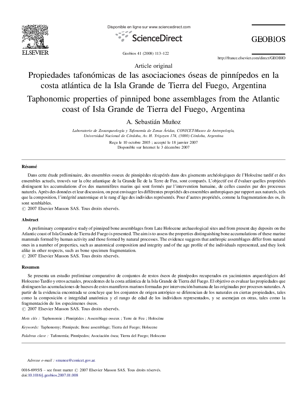 Propiedades tafonómicas de las asociaciones óseas de pinnípedos en la costa atlántica de la Isla Grande de Tierra del Fuego, Argentina