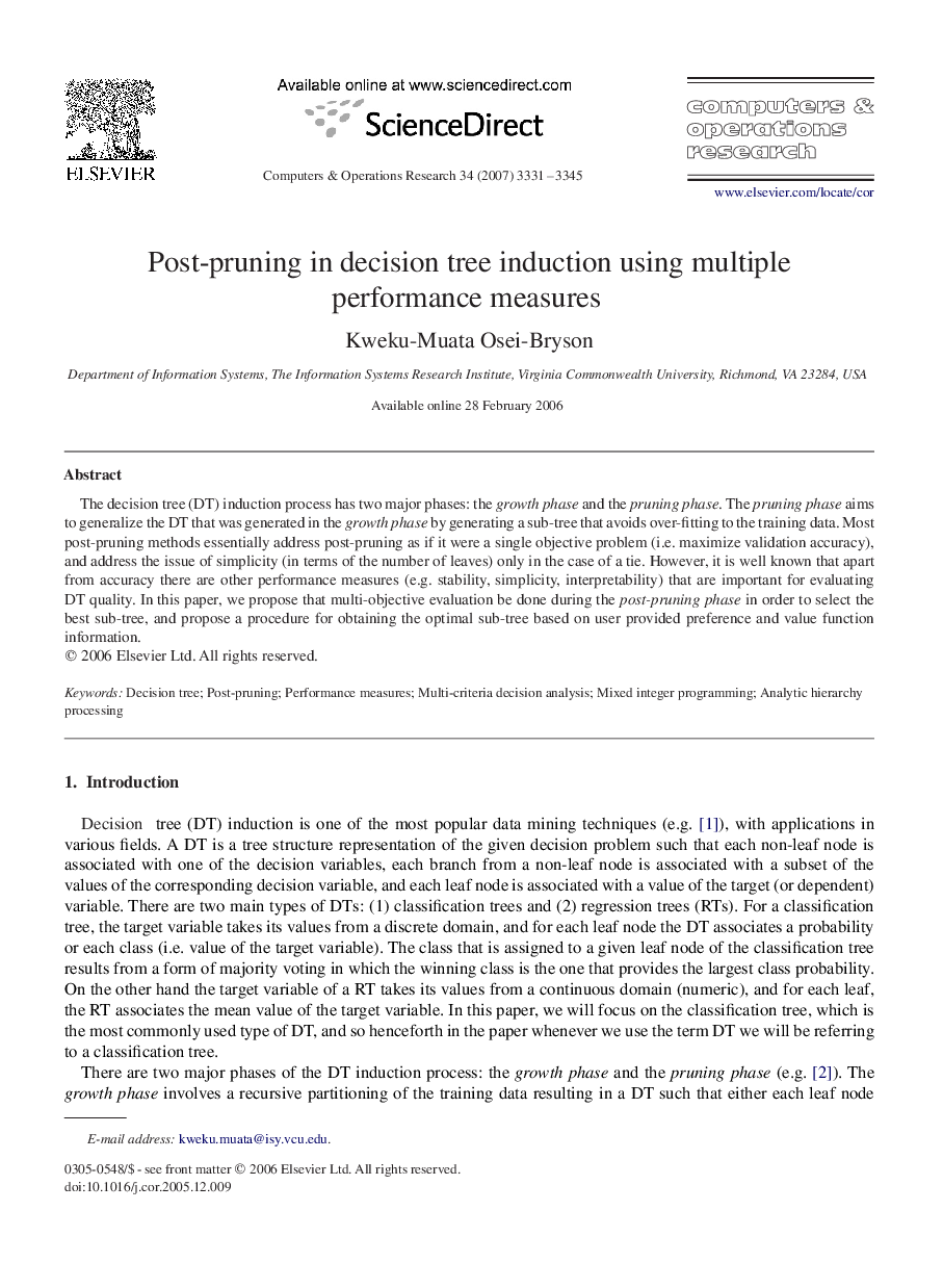 Post-pruning in decision tree induction using multiple performance measures