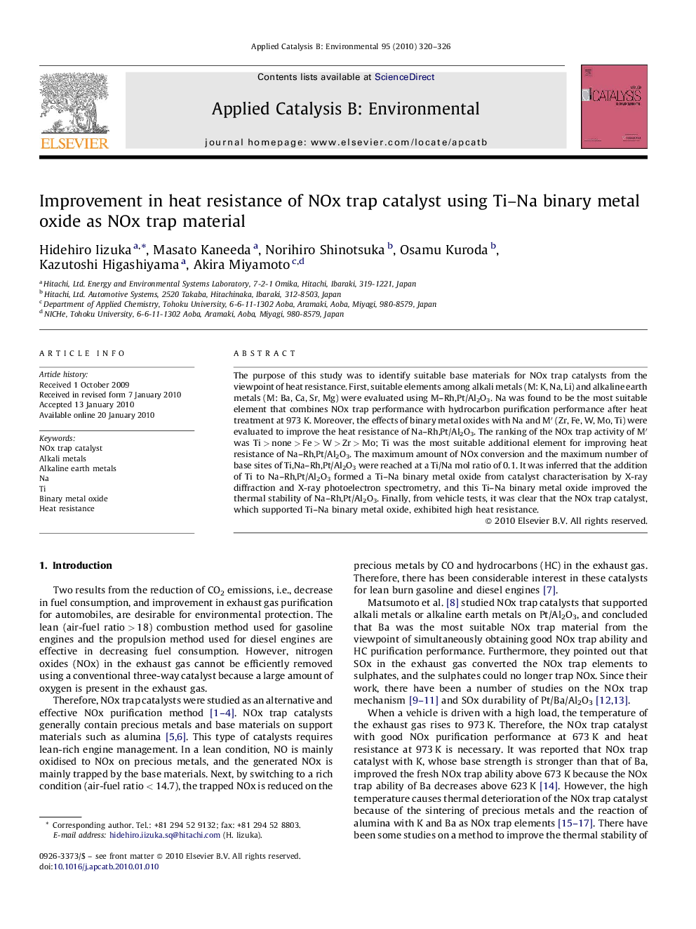 Improvement in heat resistance of NOx trap catalyst using Ti–Na binary metal oxide as NOx trap material